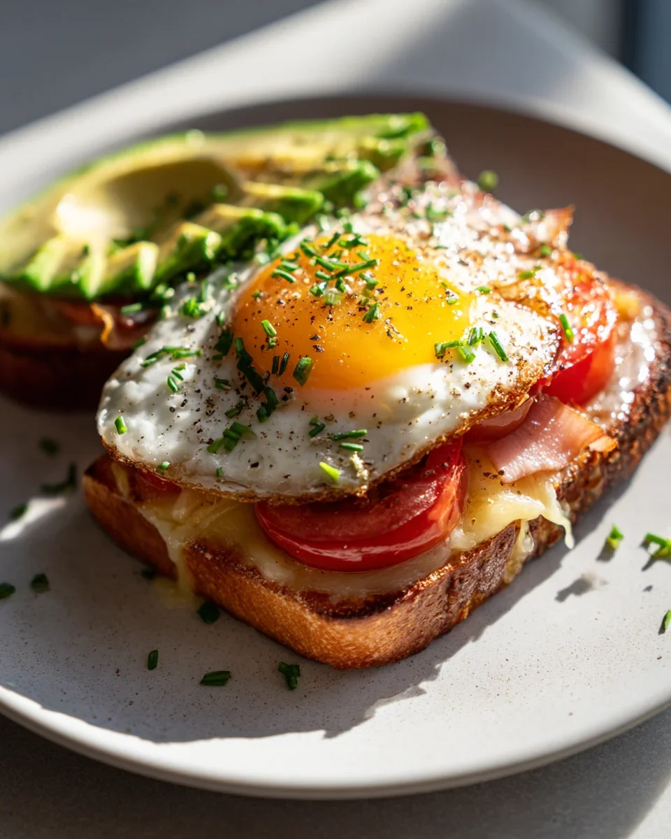 Avocado-Croque Madame mit frischen Tomaten