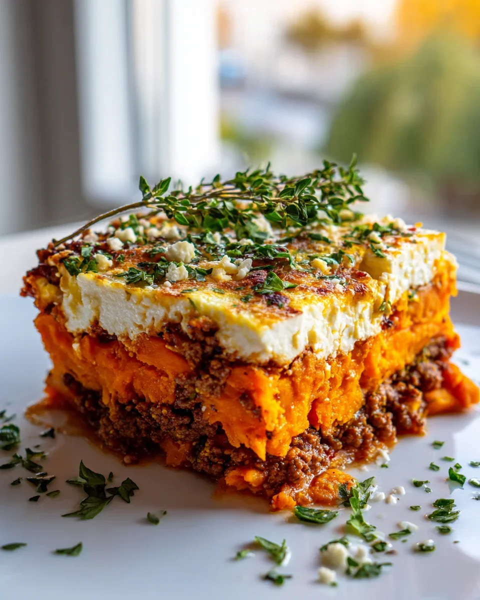 Überbackener Süßkartoffel Hackfleisch Auflauf mit Feta-Genuss