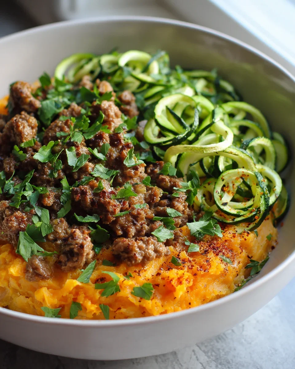 Blitzschnelle Low Carb Süßkartoffel Hackfleisch Zucchini Bowl