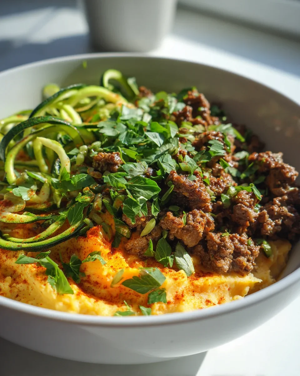 Blitzschnelle Low Carb Süßkartoffel Hackfleisch Zucchini Bowl