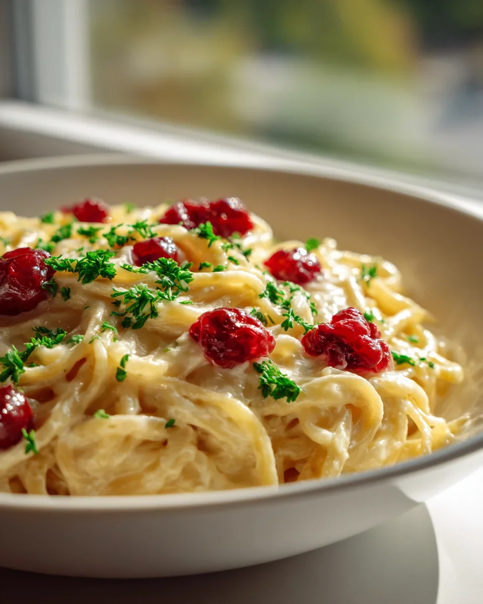 Brie Pasta mit fruchtigem Preiselbeer-Kompott – lecker & frisch!