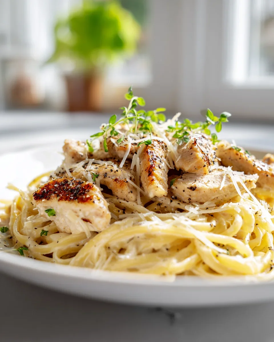 Cremige Protein Pasta Alfredo mit Hähnchen & Parmesan