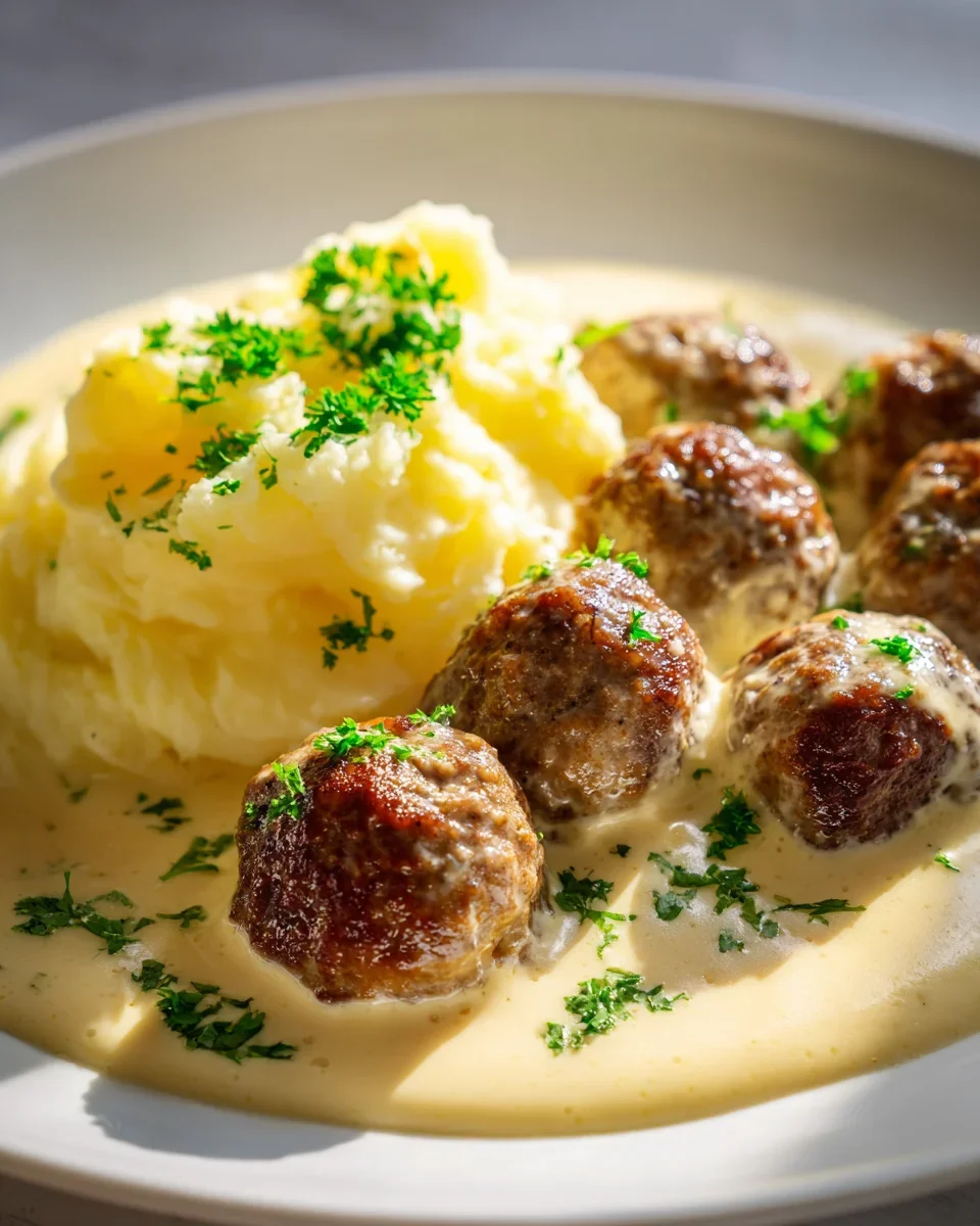 Cremige Slow Cooker Hackbällchen mit Kartoffelpüree Rezept