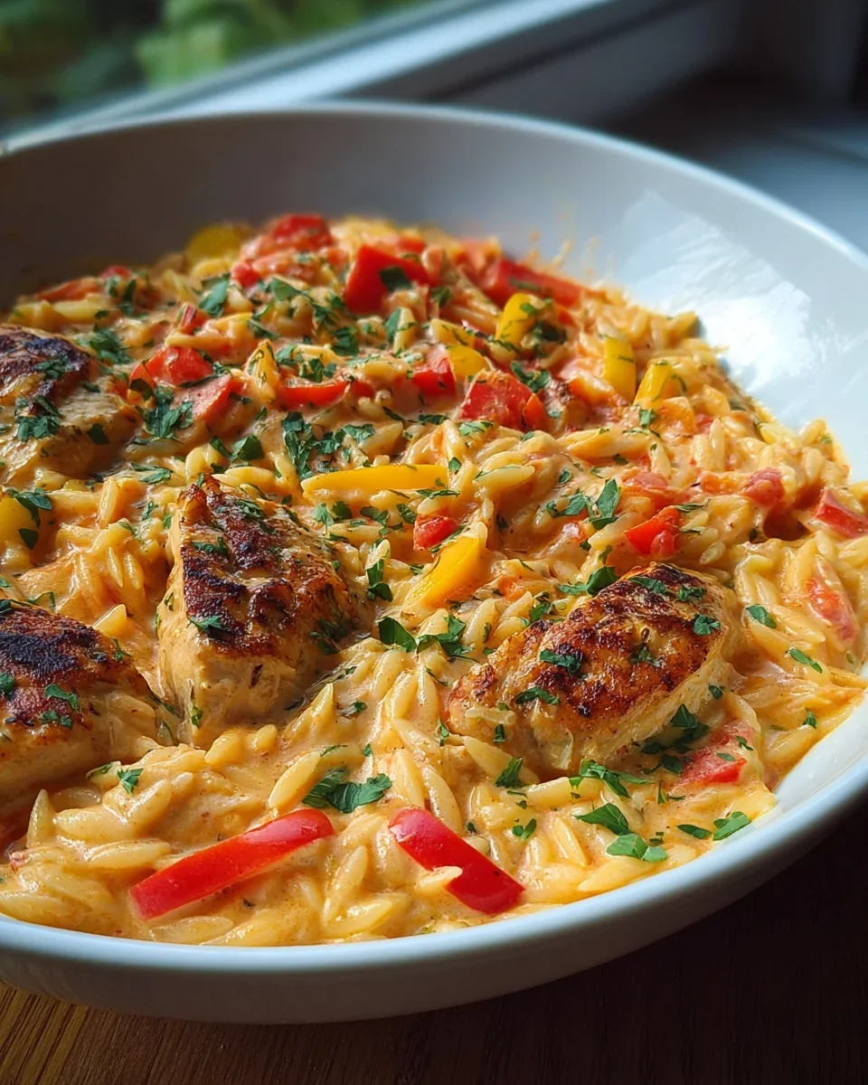 Cremiges Paprika Sahne Hähnchen mit Orzo Nudeln aus dem Ofen