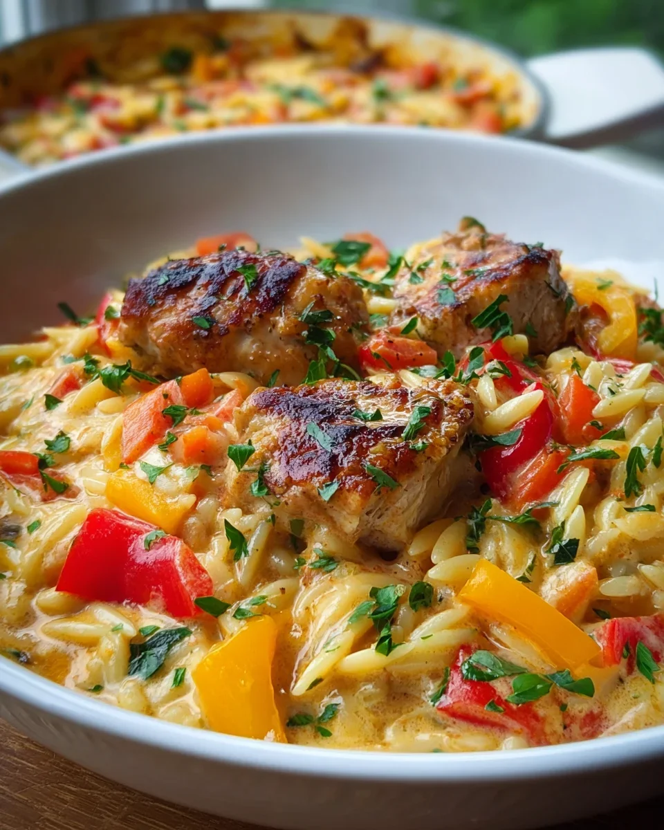 Cremiges Paprika Sahne Hähnchen mit Orzo Nudeln aus dem Ofen