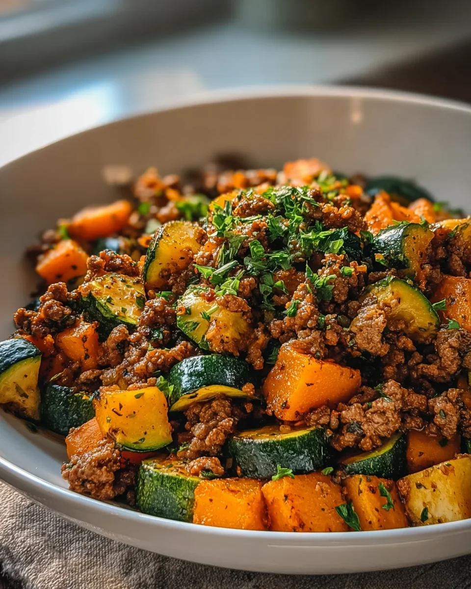 Einfache Rinderhack-Zucchini-Süßkartoffel-Pfanne