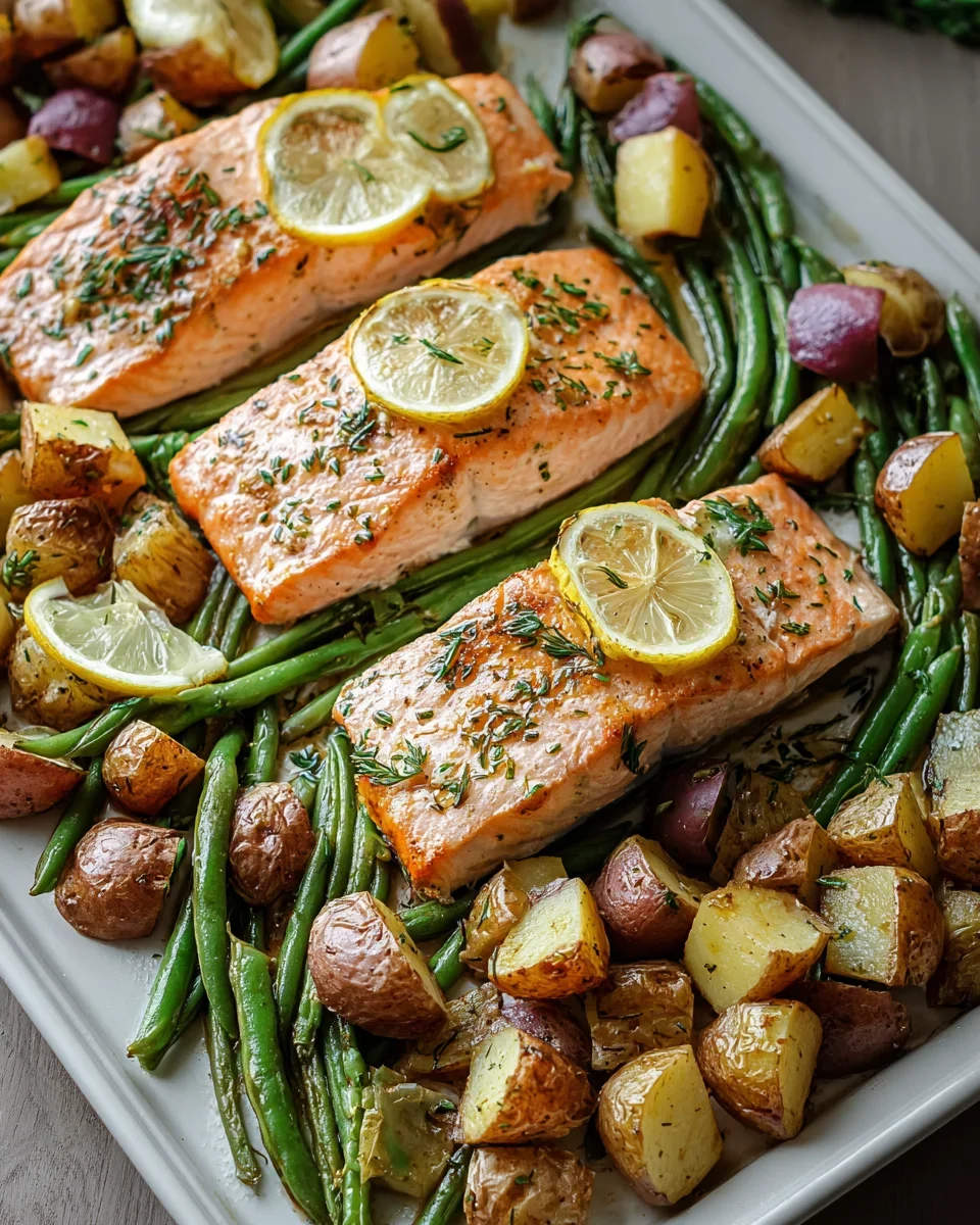 Einfaches Blechlachs Rezept mit grünen Bohnen und Kartoffeln