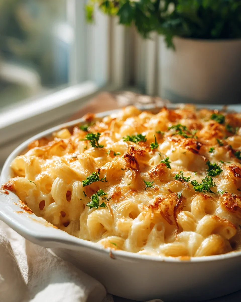 Französisches Macaroni Gratin mit Gruyère und knusprigen Schalotten