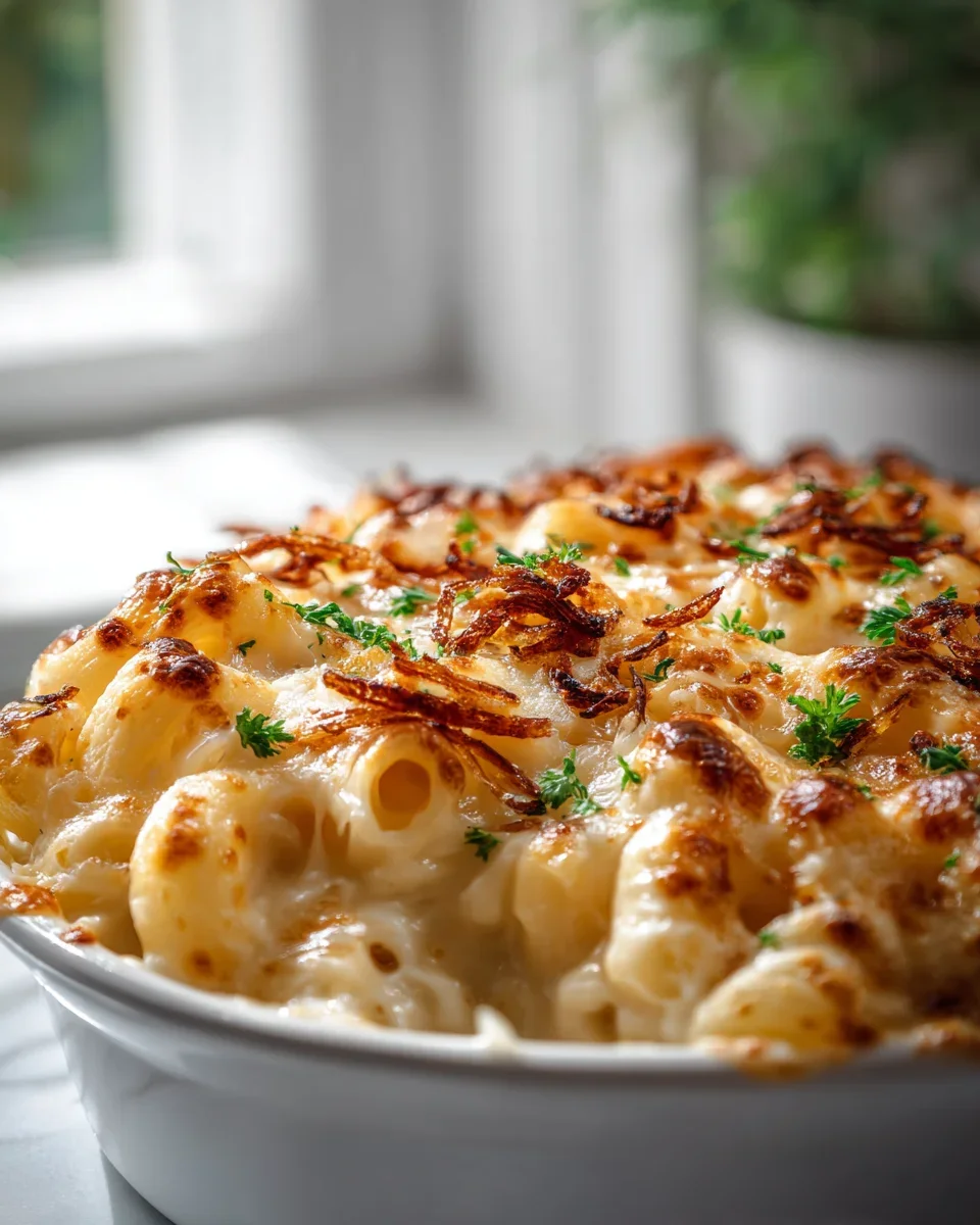 Französisches Macaroni Gratin mit Gruyère und knusprigen Schalotten