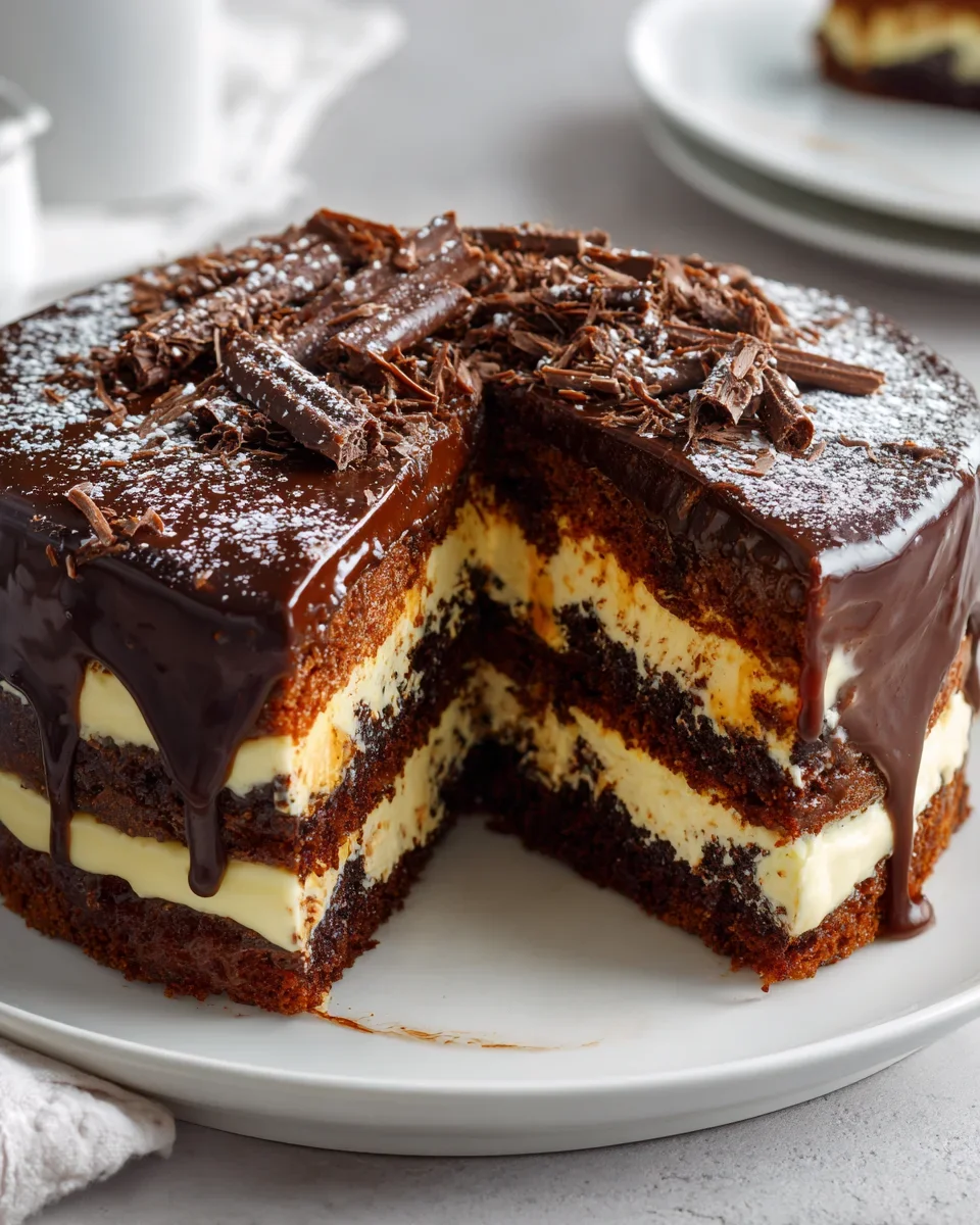 Frischkäse Brownie Layer Cake mit köstlicher Schokoladenglasur