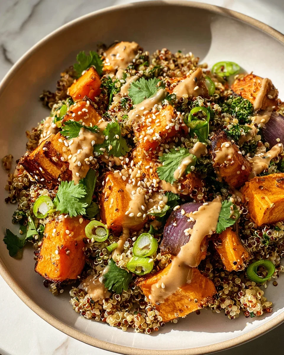 Gerösteter Süßkartoffel Quinoa Salat mit Sesam-Miso-Sauce