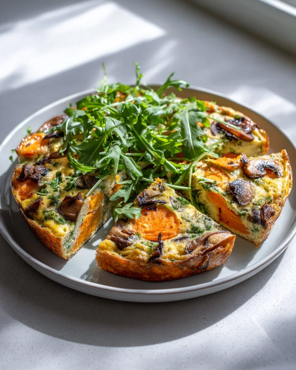 Gesunde Süßkartoffel Pilz Frittata Bowl mit Rucola-Kick