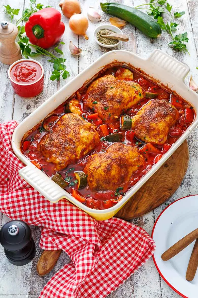 Hähnchen mit knuspriger Haut und zartem Fleisch in Tomatensoße