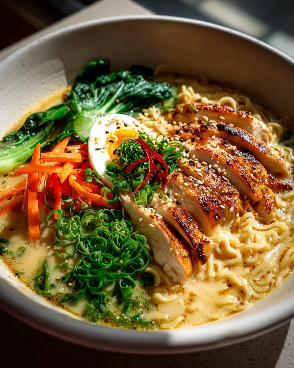 Hähnchen Ramen Bowl mit cremiger Knoblauchsoße – lecker!