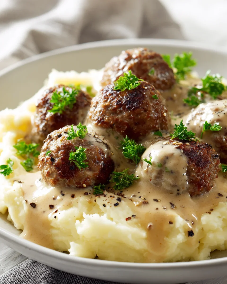 Hackbällchen in cremigster Sauce & luftigem Kartoffelpüree