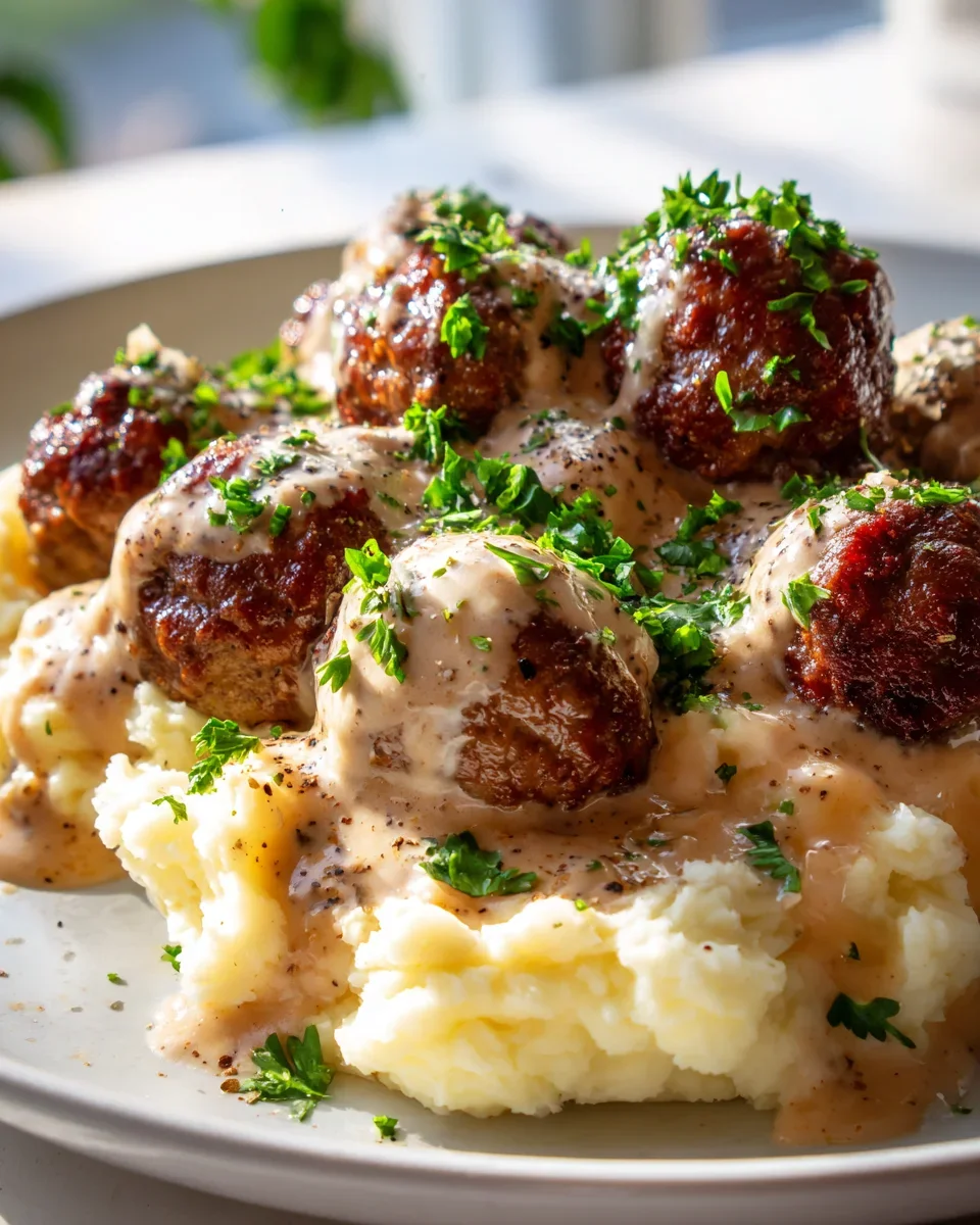 Hackbällchen in cremigster Sauce & luftigem Kartoffelpüree