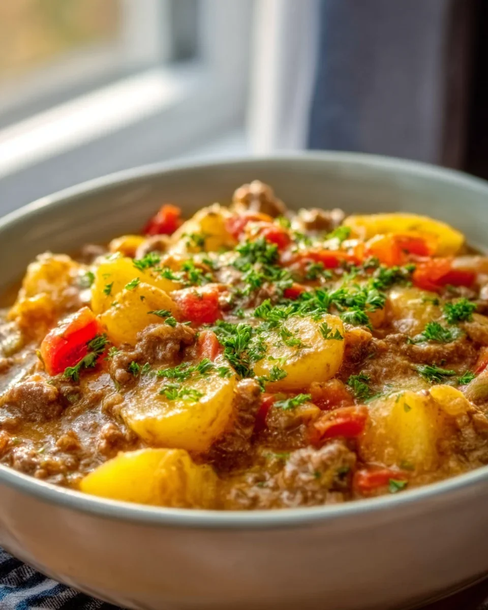 Herzhafter Bauerntopf mit Hackfleisch, Kartoffeln und Paprika