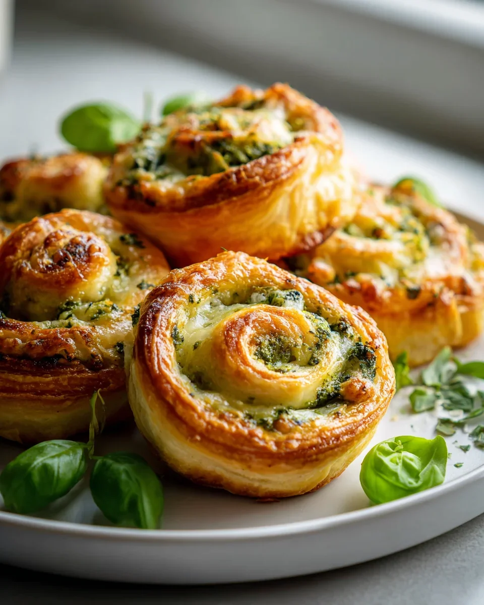 Knusprige Mini Blätterteig Schnecken mit Pesto & Käse