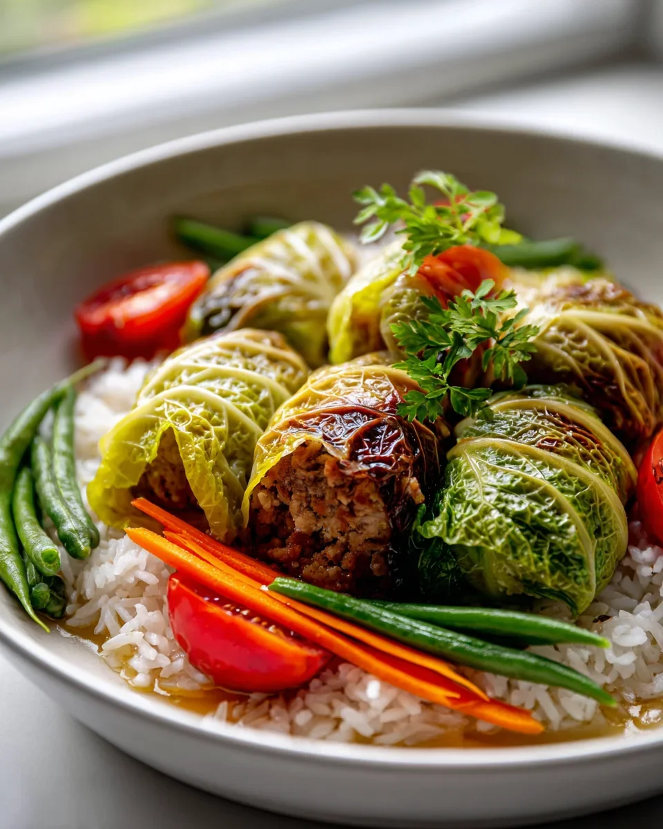 Kohlrouladen Bowl mit Reis und frischem Gemüse genießen!