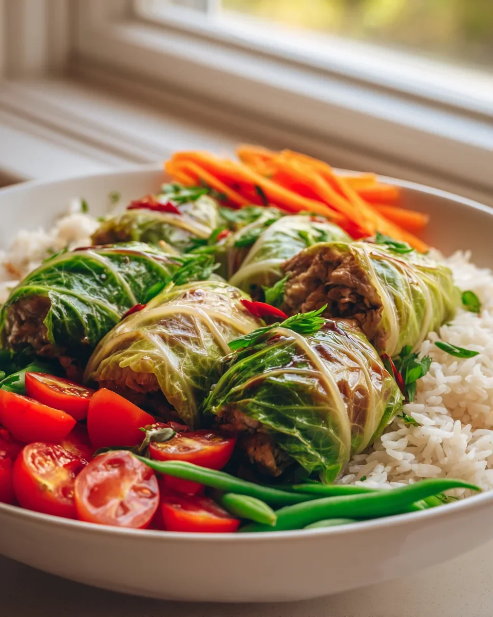 Kohlrouladen Bowl mit Reis und frischem Gemüse genießen!