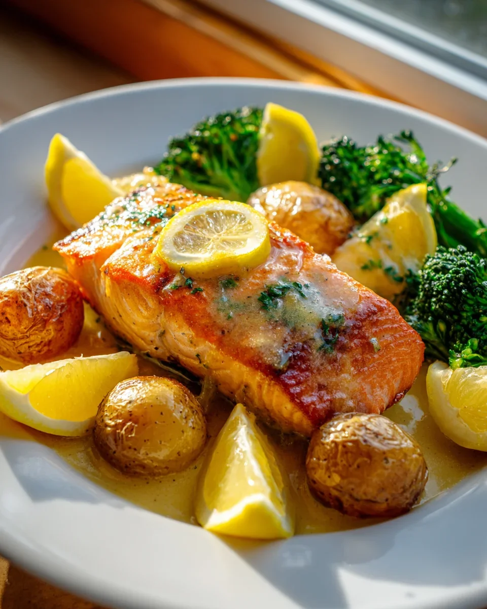 Lemon Butter Salmon Sheet Pan mit Kartoffeln & Brokkoli Rezept