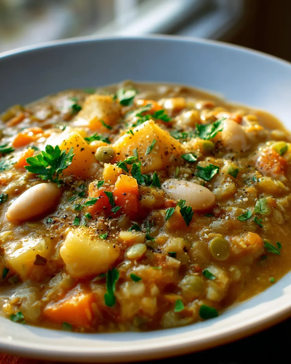 Linseneintopf mit Kartoffeln, alkoholfreiem Bier und weißen Bohnen
