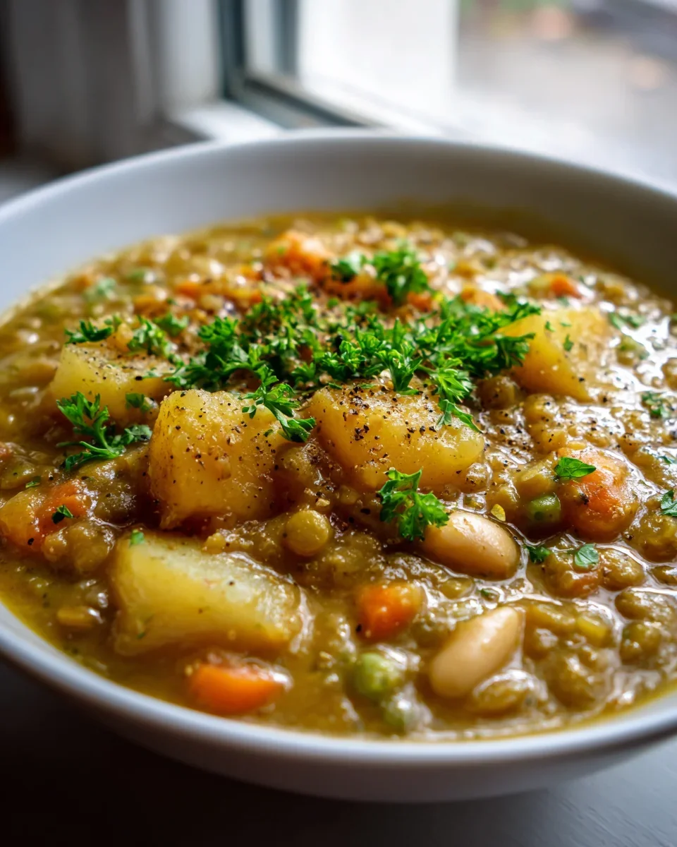 Linseneintopf mit Kartoffeln, alkoholfreiem Bier und weißen Bohnen