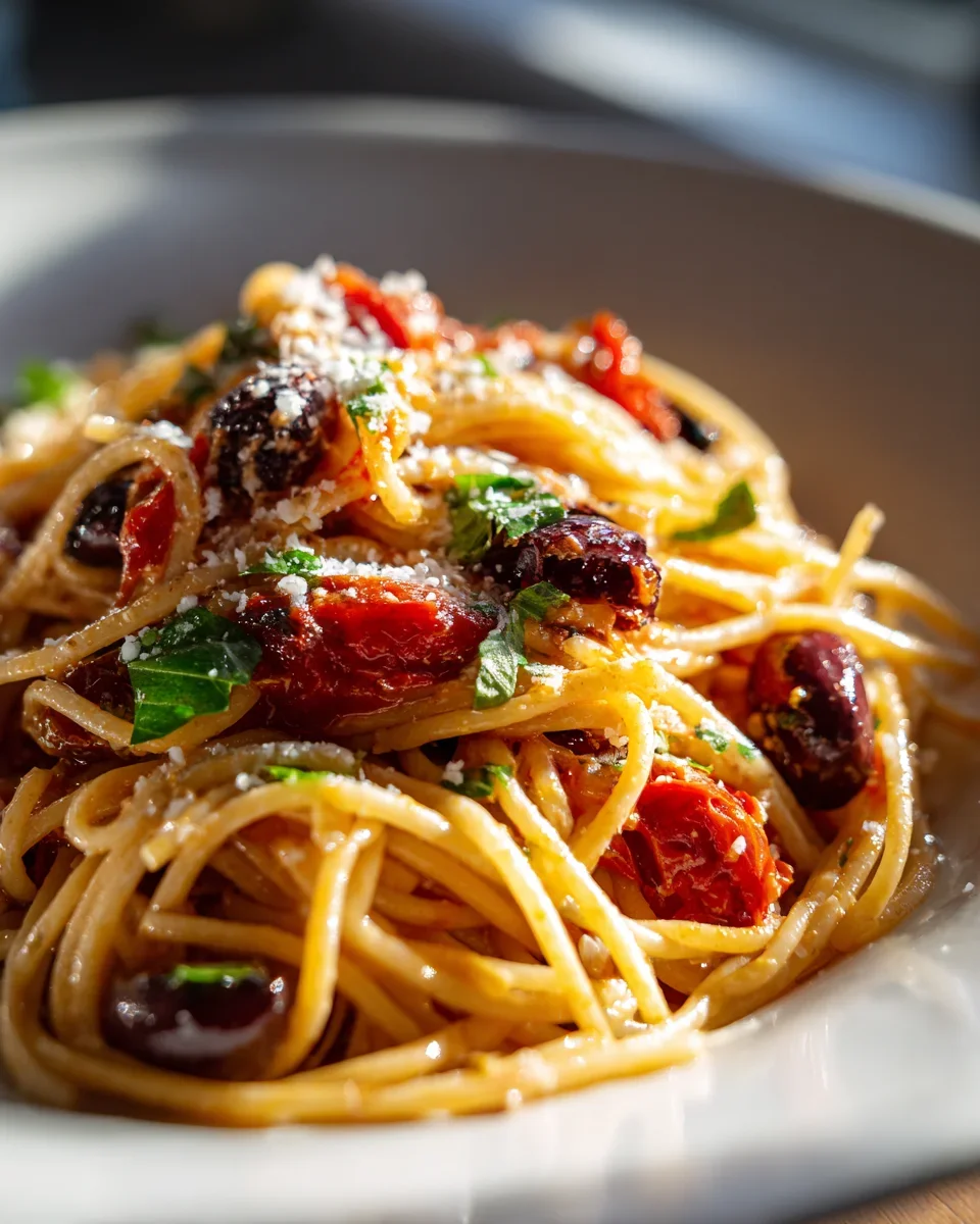 Mediterrane Pasta mit gerösteten Tomaten & Oliven