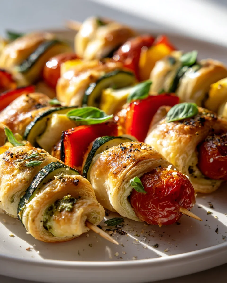 Mini Blätterteigspieße mit Pesto-Gemüse-Füllung genießen!