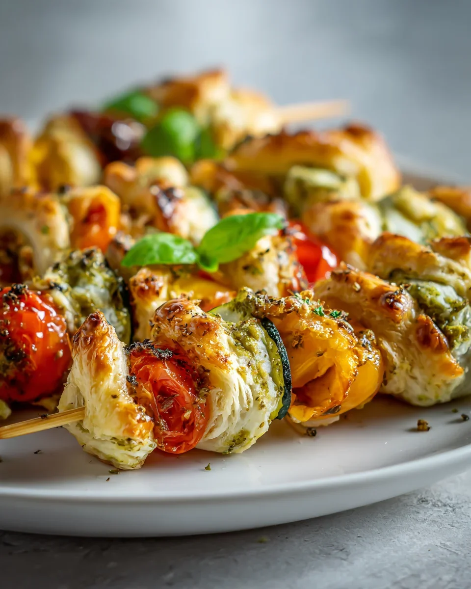 Mini Blätterteigspieße mit Pesto-Gemüse-Füllung genießen!