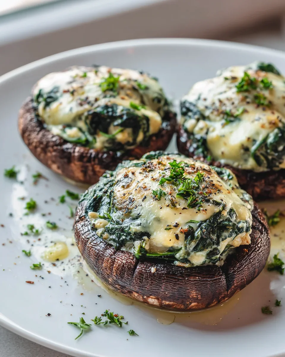Portobello-Pilze gefüllt mit cremigem Mozzarella-Spinat