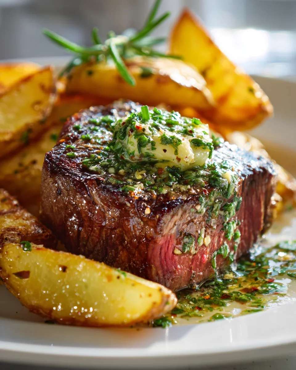 Saftiges Steak mit Kräuterbutter & knusprigen Grillkartoffeln.