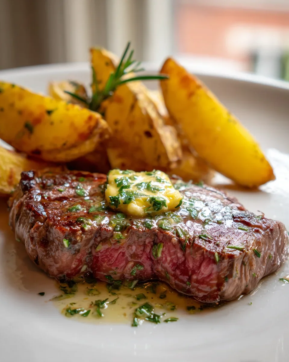 Saftiges Steak mit Kräuterbutter & knusprigen Grillkartoffeln.