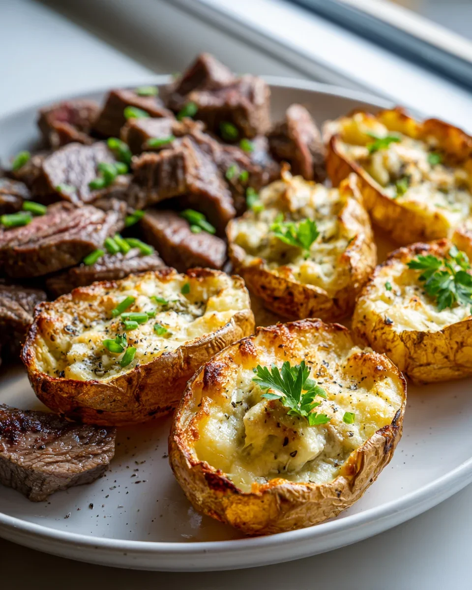 Sheet Pan Steak und Parmesan-Creme Kartoffelboote Rezept