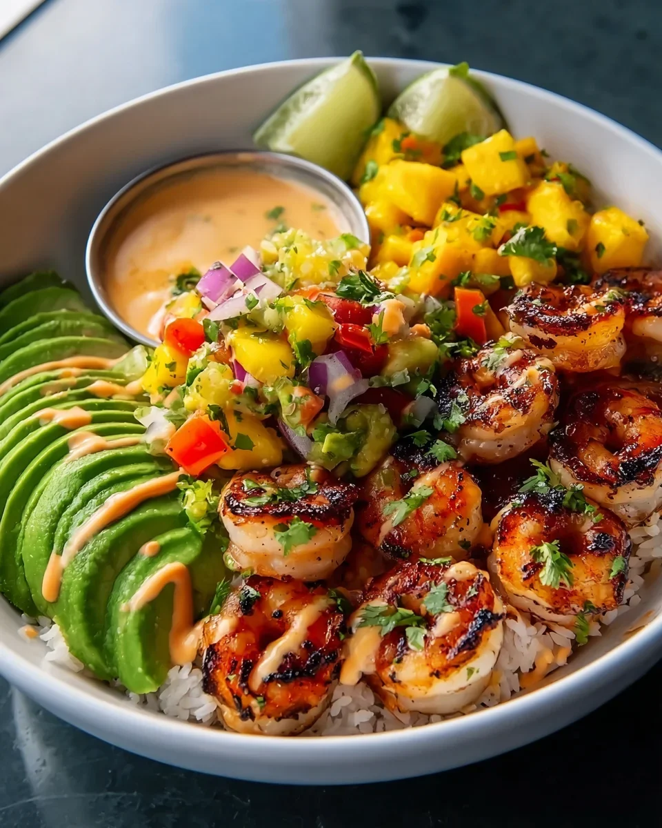 Shrimp-Avocado-Bowls mit Mango-Salsa und Limetten-Chili-Sauce