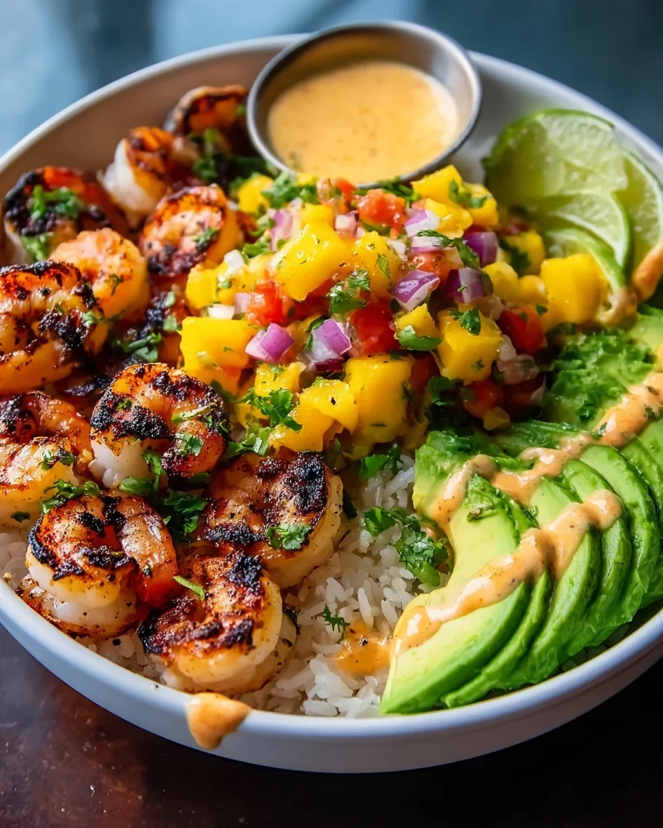 Shrimp-Avocado-Bowls mit Mango-Salsa und Limetten-Chili-Sauce