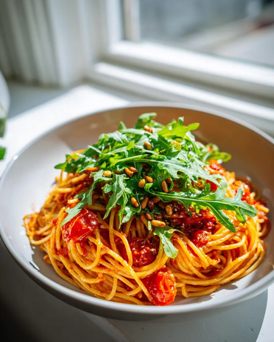 Tomaten Pasta Bowl mit Rucola und Pinienkernen - Lecker genießen!