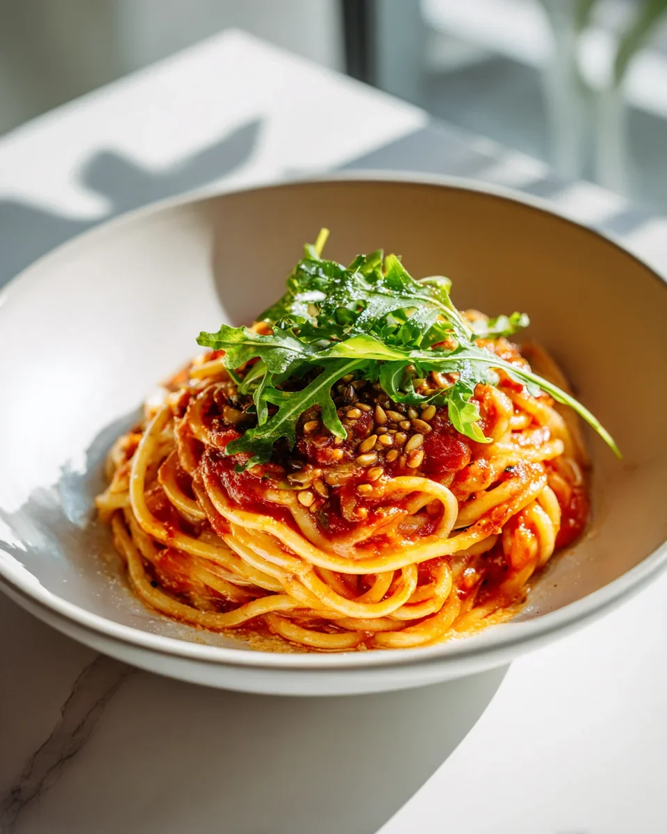 Tomaten Pasta Bowl mit Rucola und Pinienkernen – Lecker genießen!