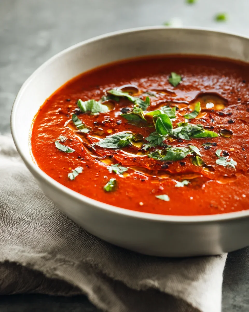 Würzige Geröstete Knoblauch Tomaten Suppe mit Chili & Kräutern